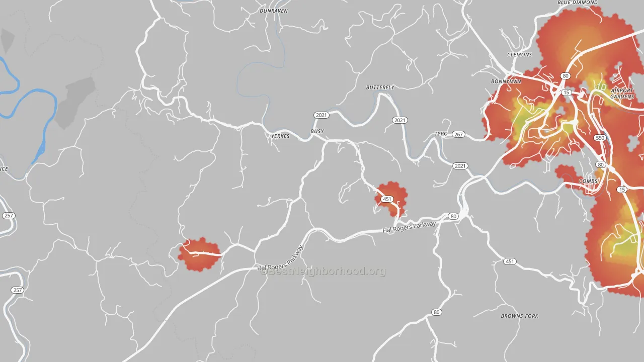 Walk Grade map of Busy, KY, walkable areas in green and car-dependent areas in red