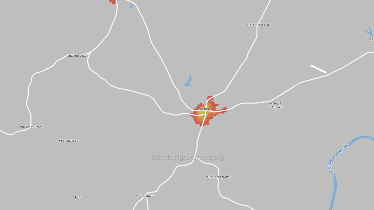 Walk Grade map of Butler, AL, walkable areas in green and car-dependent areas in red