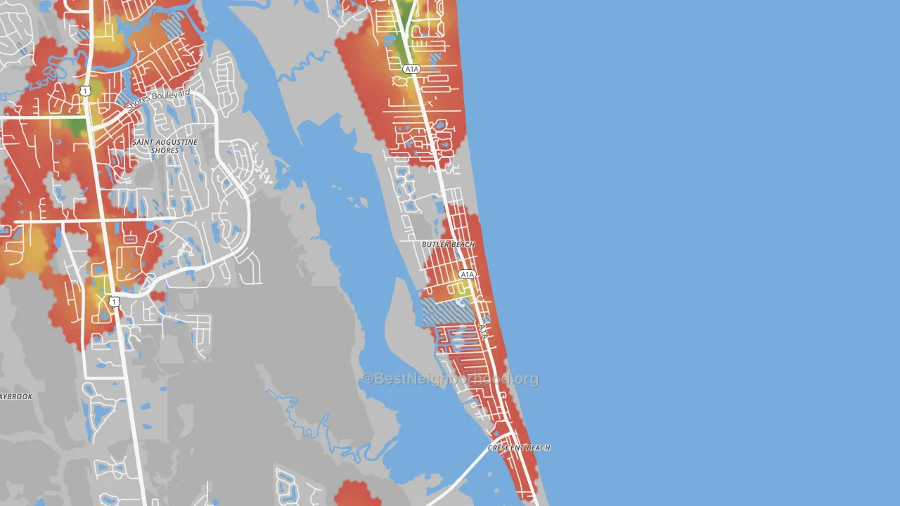 Walk Grade map of Butler Beach, FL, walkable areas in green and car-dependent areas in red