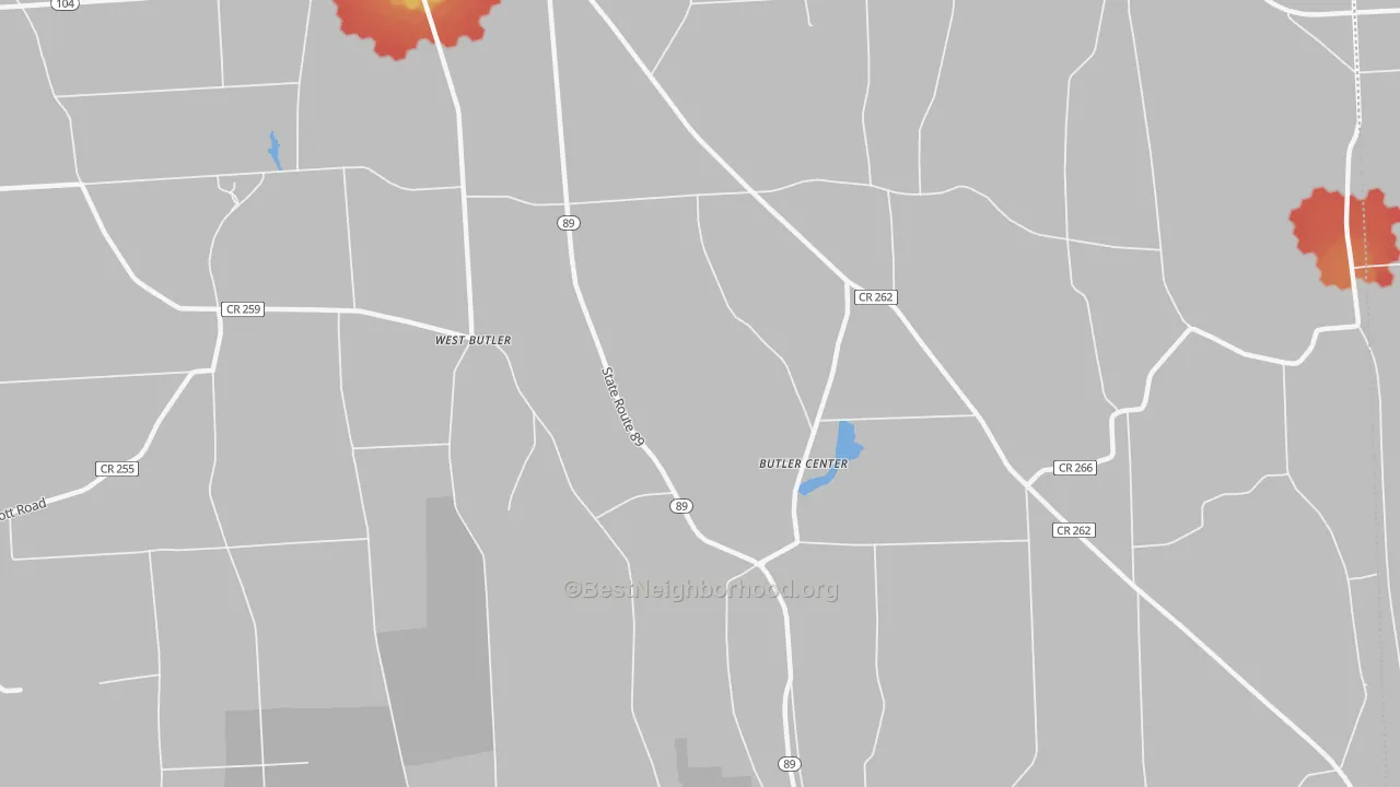 Walk Grade map of Butler Center, NY, walkable areas in green and car-dependent areas in red