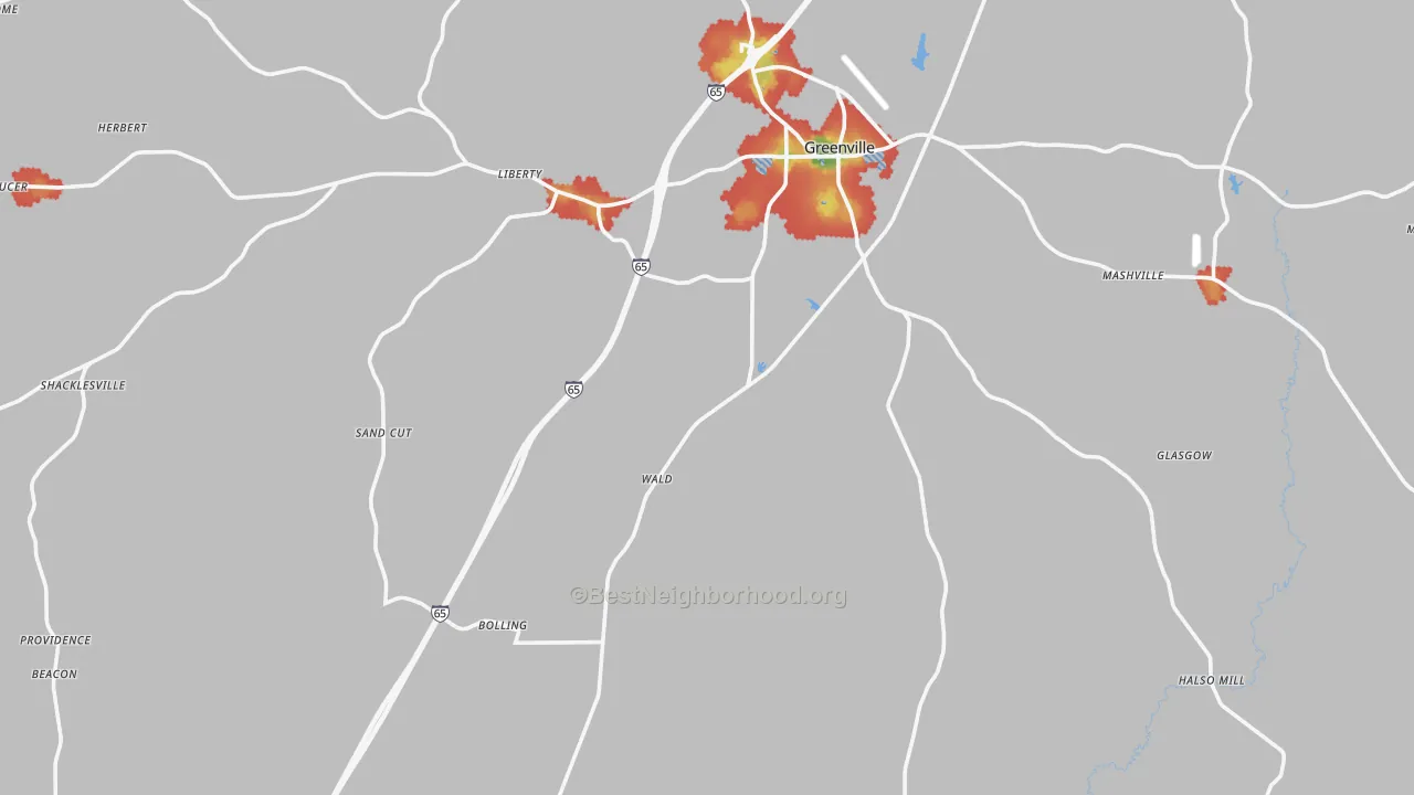 Walk Grade map of Butler County, AL, walkable areas in green and car-dependent areas in red