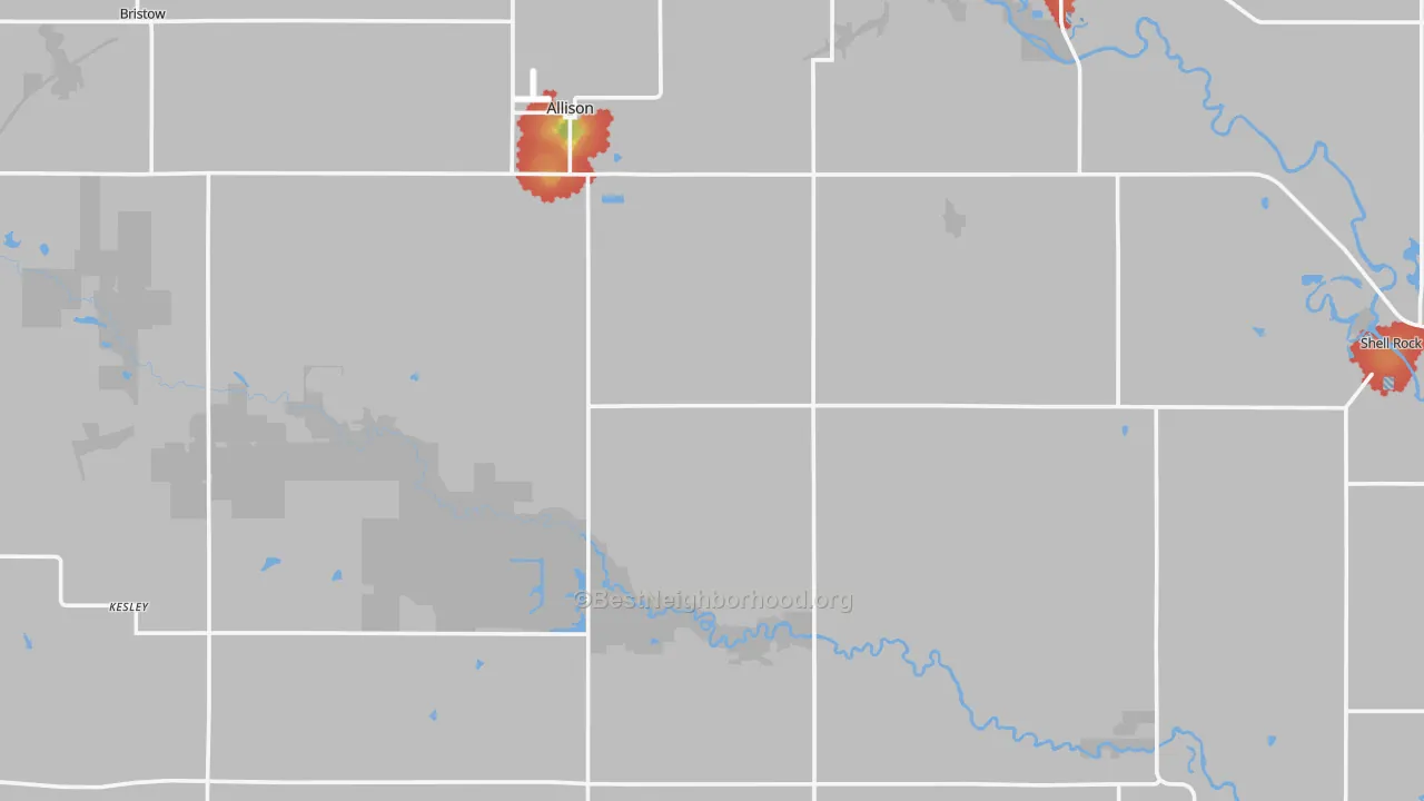 Walk Grade map of Butler County, IA, walkable areas in green and car-dependent areas in red