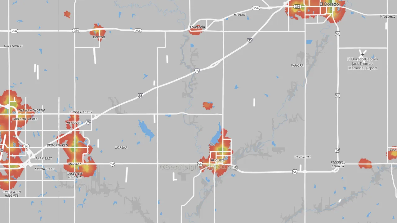 Walk Grade map of Butler County, KS, walkable areas in green and car-dependent areas in red
