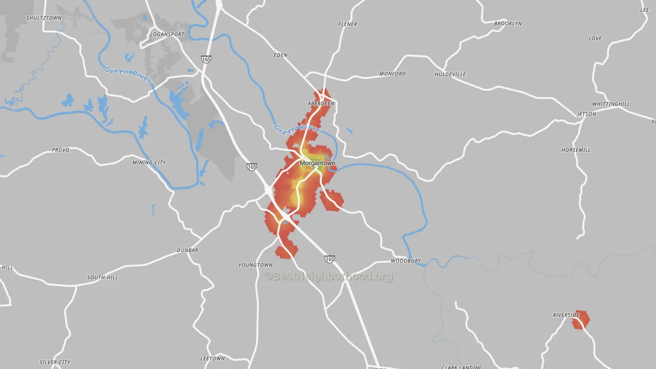 Walk Grade map of Butler County, KY, walkable areas in green and car-dependent areas in red