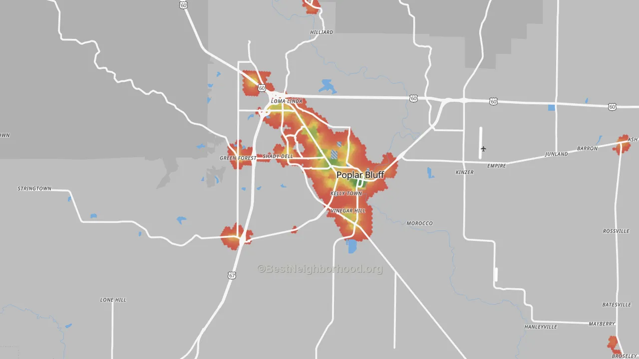 Walk Grade map of Butler County, MO, walkable areas in green and car-dependent areas in red