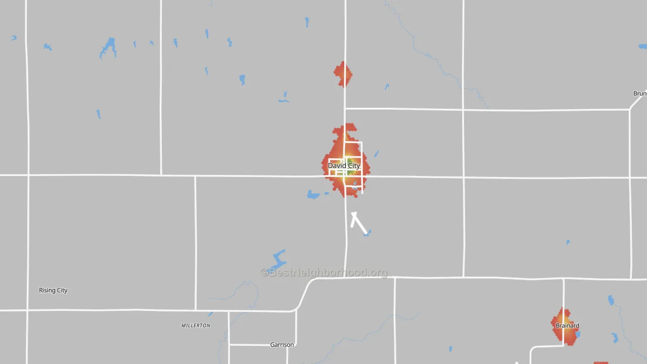 Walk Grade map of Butler County, NE, walkable areas in green and car-dependent areas in red