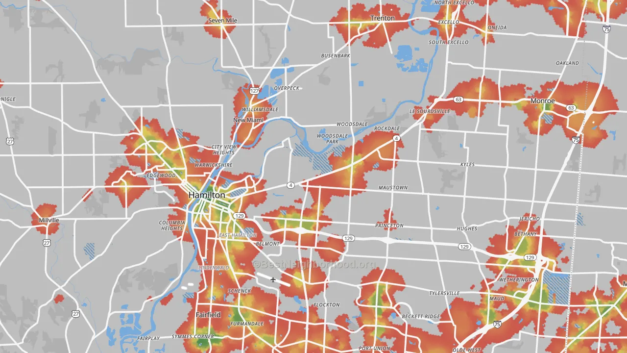 Walk Grade map of Butler County, OH, walkable areas in green and car-dependent areas in red