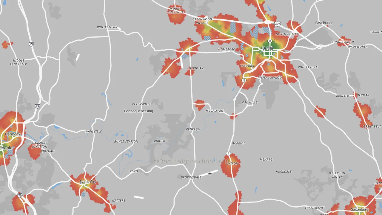 Walk Grade map of Butler County, PA, walkable areas in green and car-dependent areas in red
