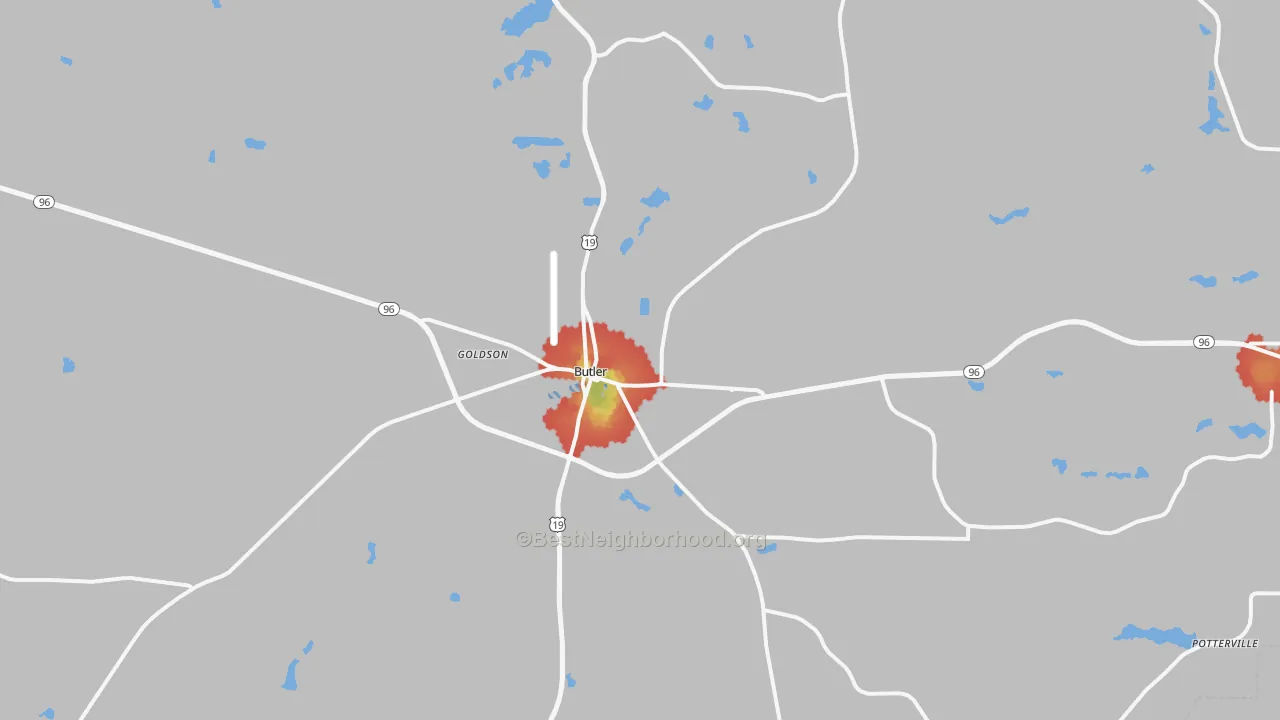 Walk Grade map of Butler, GA, walkable areas in green and car-dependent areas in red