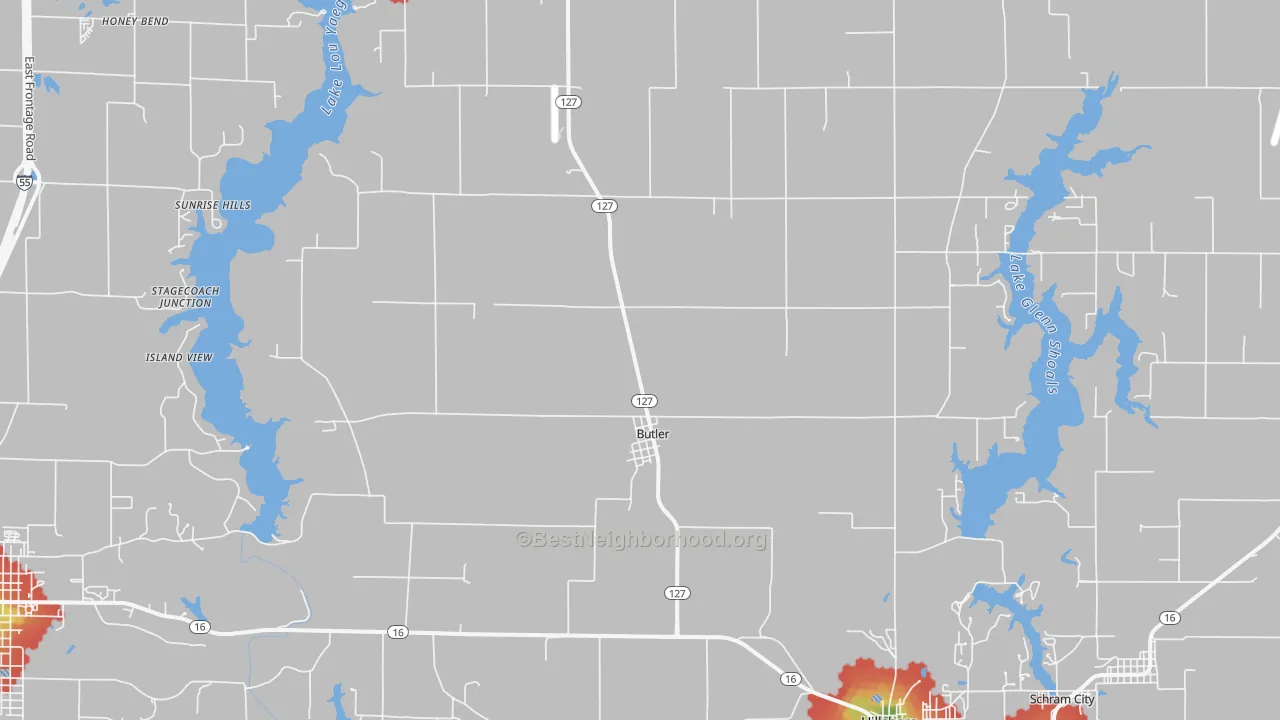 Walk Grade map of Butler, IL, walkable areas in green and car-dependent areas in red