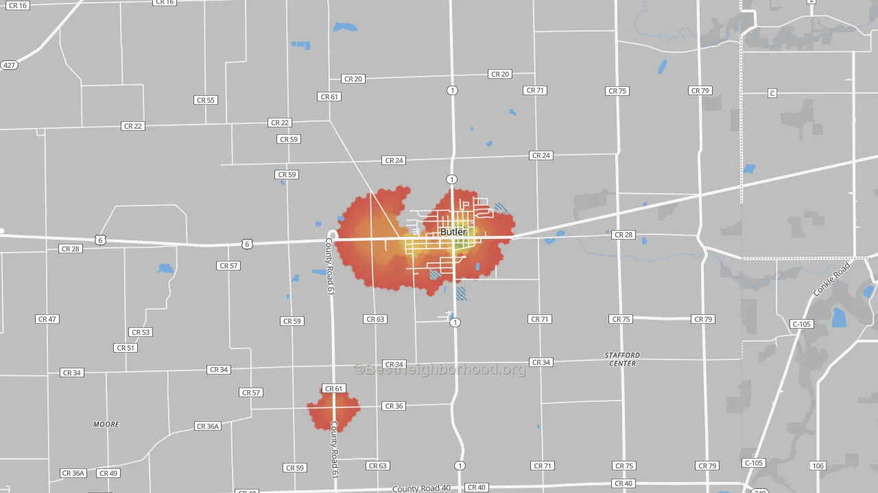 Walk Grade map of Butler, IN, walkable areas in green and car-dependent areas in red