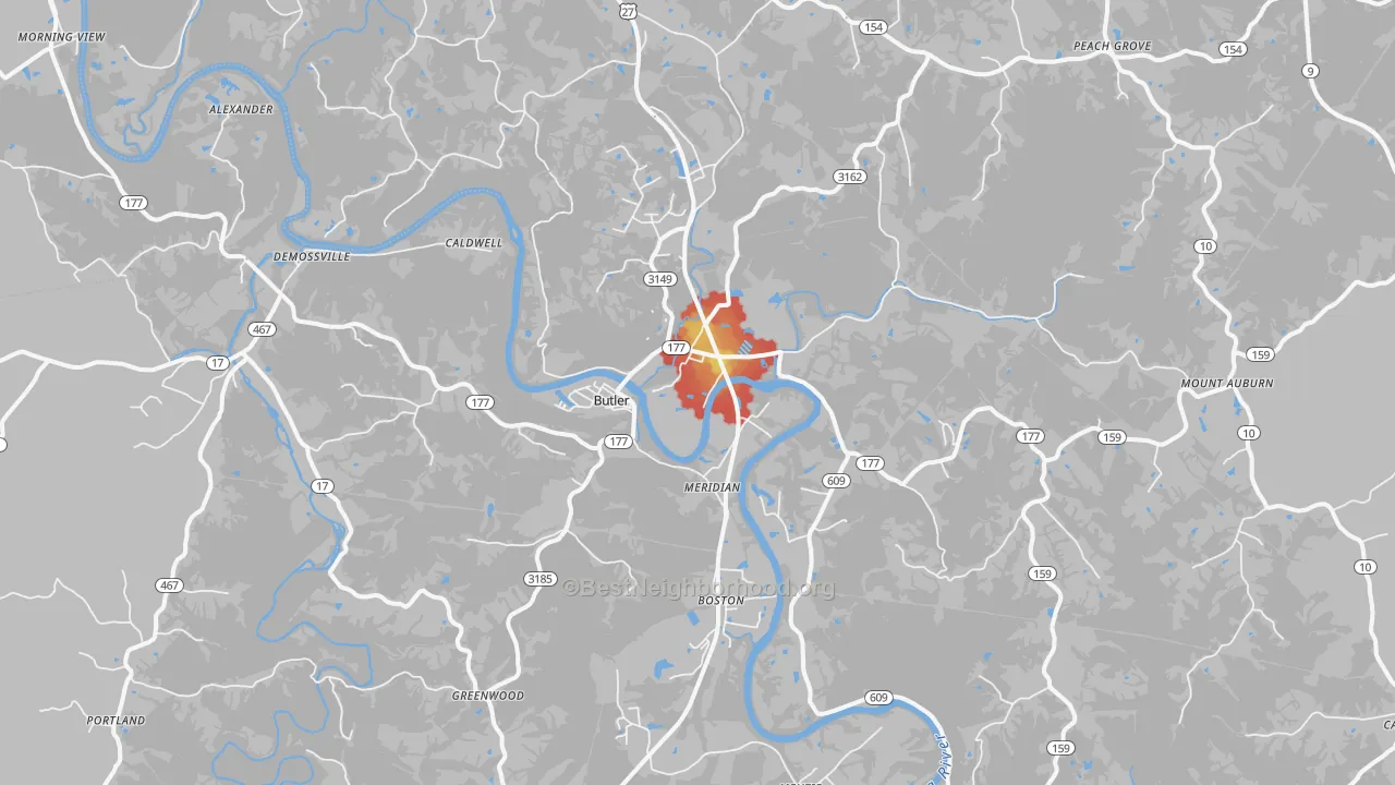 Walk Grade map of Butler, KY, walkable areas in green and car-dependent areas in red