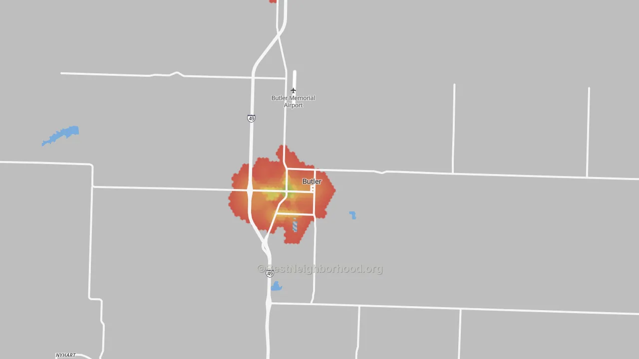 Walk Grade map of Butler, MO, walkable areas in green and car-dependent areas in red