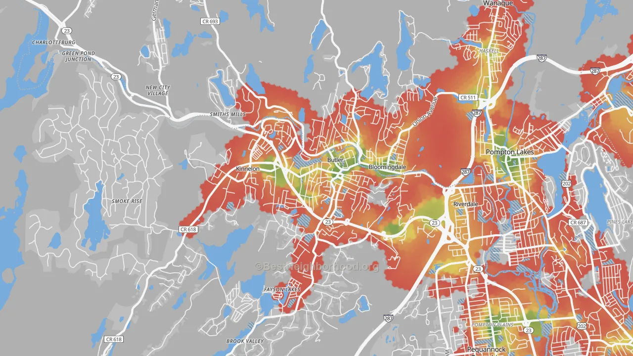 Walk Grade map of Butler, NJ, walkable areas in green and car-dependent areas in red