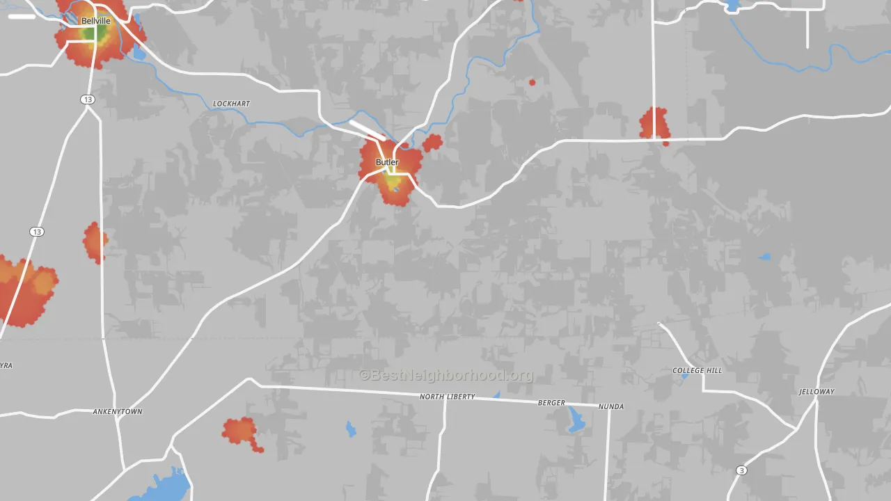 Walk Grade map of Butler, OH, walkable areas in green and car-dependent areas in red