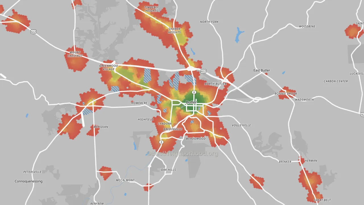 Walk Grade map of Butler, PA, walkable areas in green and car-dependent areas in red