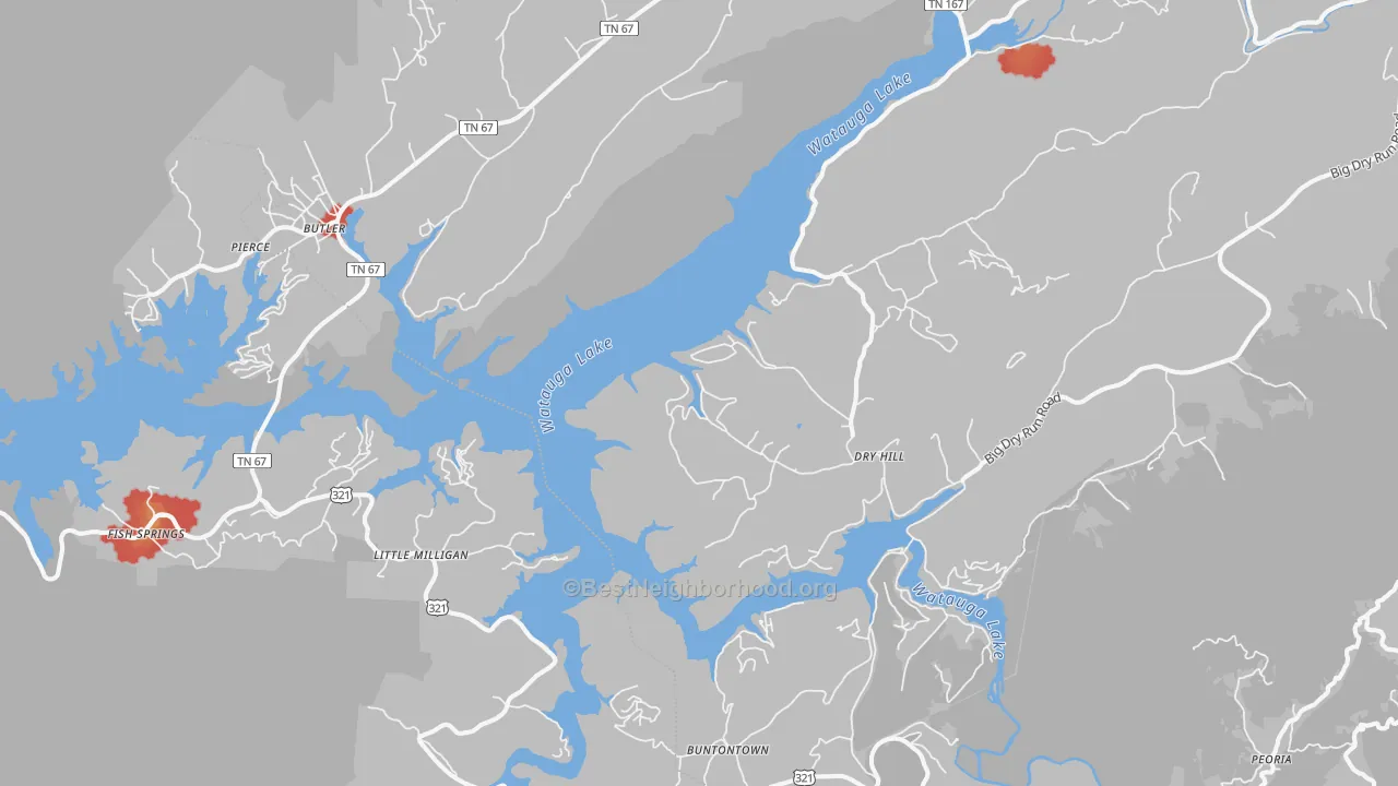 Walk Grade map of Butler, TN, walkable areas in green and car-dependent areas in red