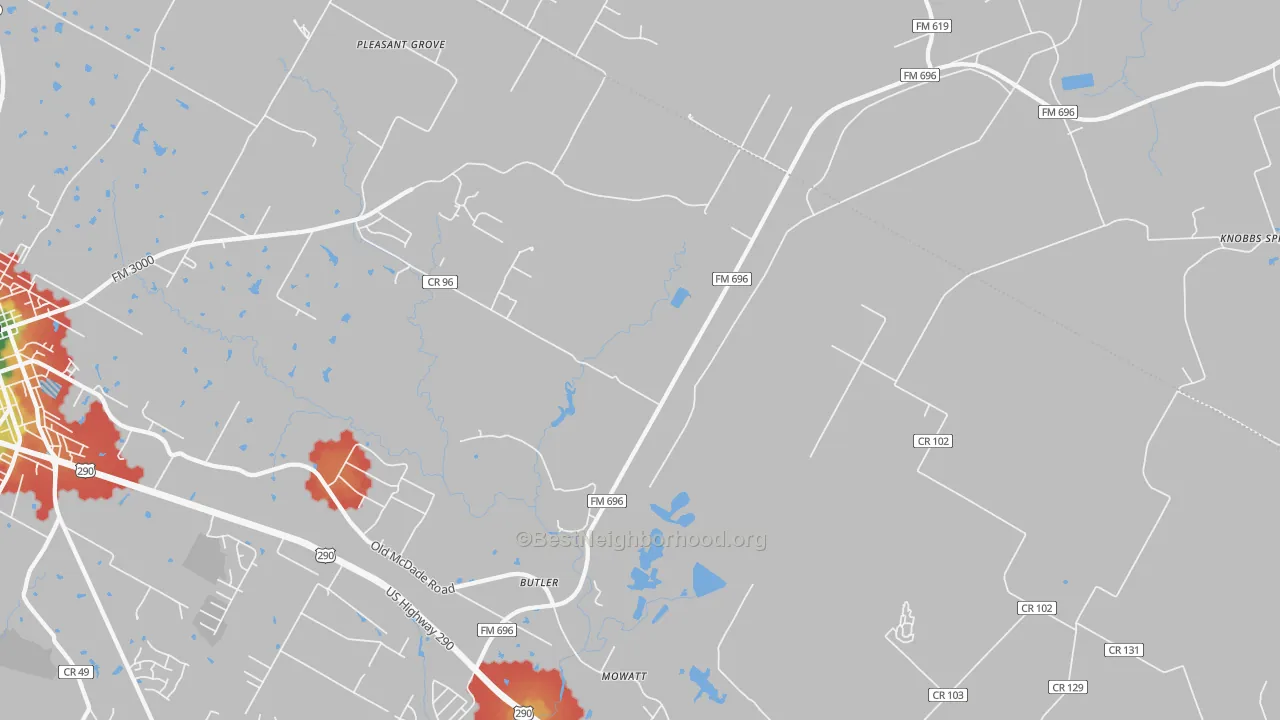 Walk Grade map of Butler, TX, walkable areas in green and car-dependent areas in red