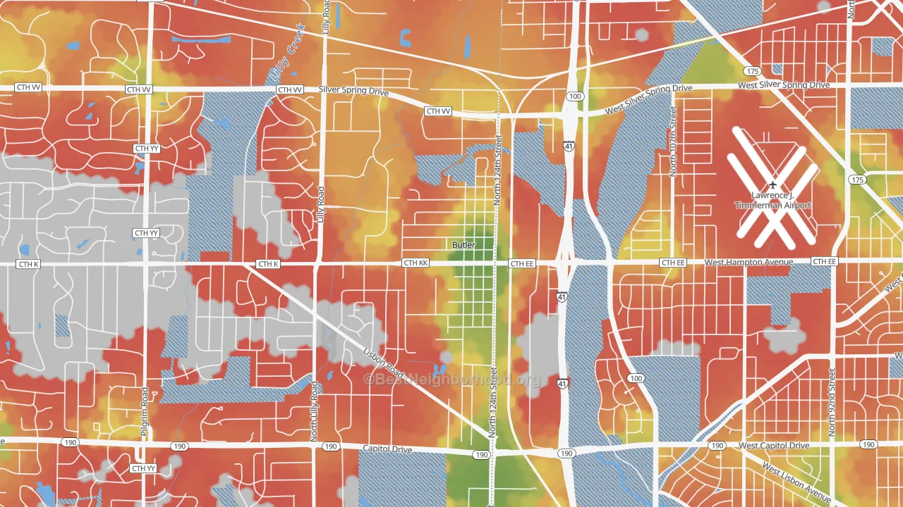 Walk Grade map of Butler, WI, walkable areas in green and car-dependent areas in red