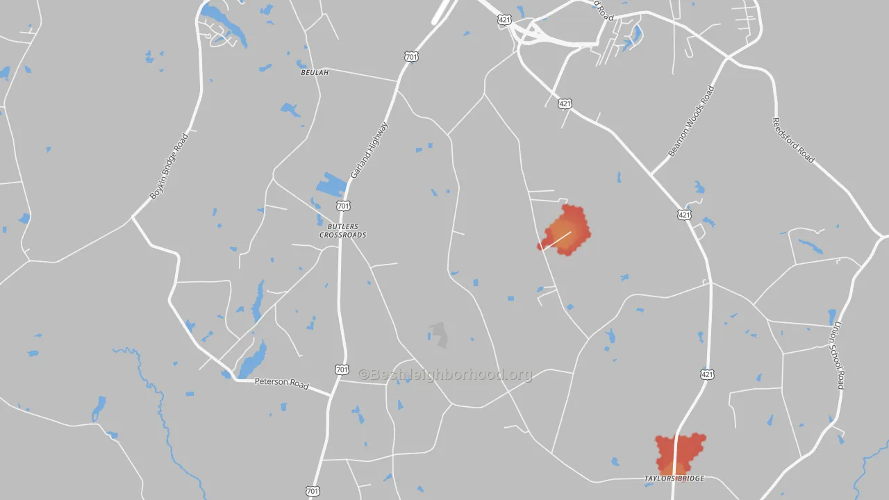 Walk Grade map of Butlers Crossroads, NC, walkable areas in green and car-dependent areas in red