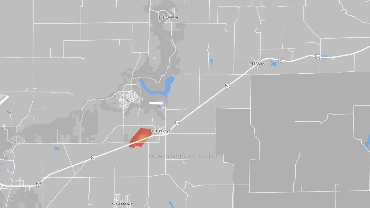 Walk Grade map of Butlerville, IN, walkable areas in green and car-dependent areas in red