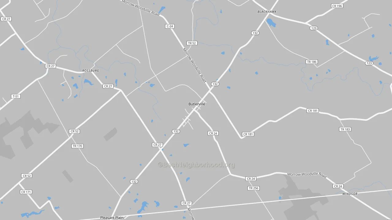 Walk Grade map of Butlerville, OH, walkable areas in green and car-dependent areas in red