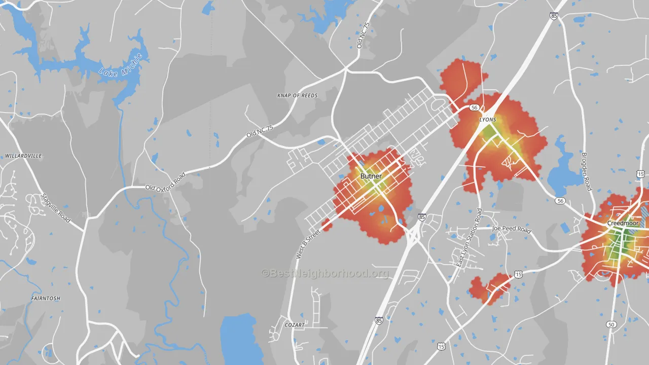 Walk Grade map of Butner, NC, walkable areas in green and car-dependent areas in red