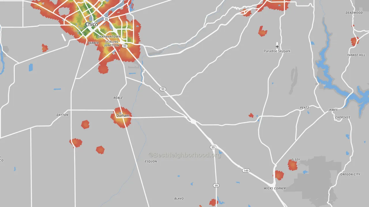 Walk Grade map of Butte County, CA, walkable areas in green and car-dependent areas in red