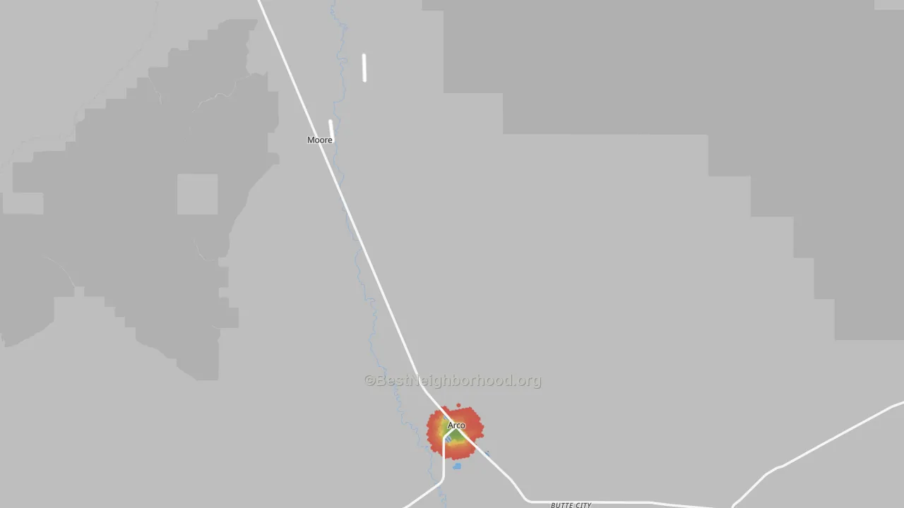 Walk Grade map of Butte County, ID, walkable areas in green and car-dependent areas in red