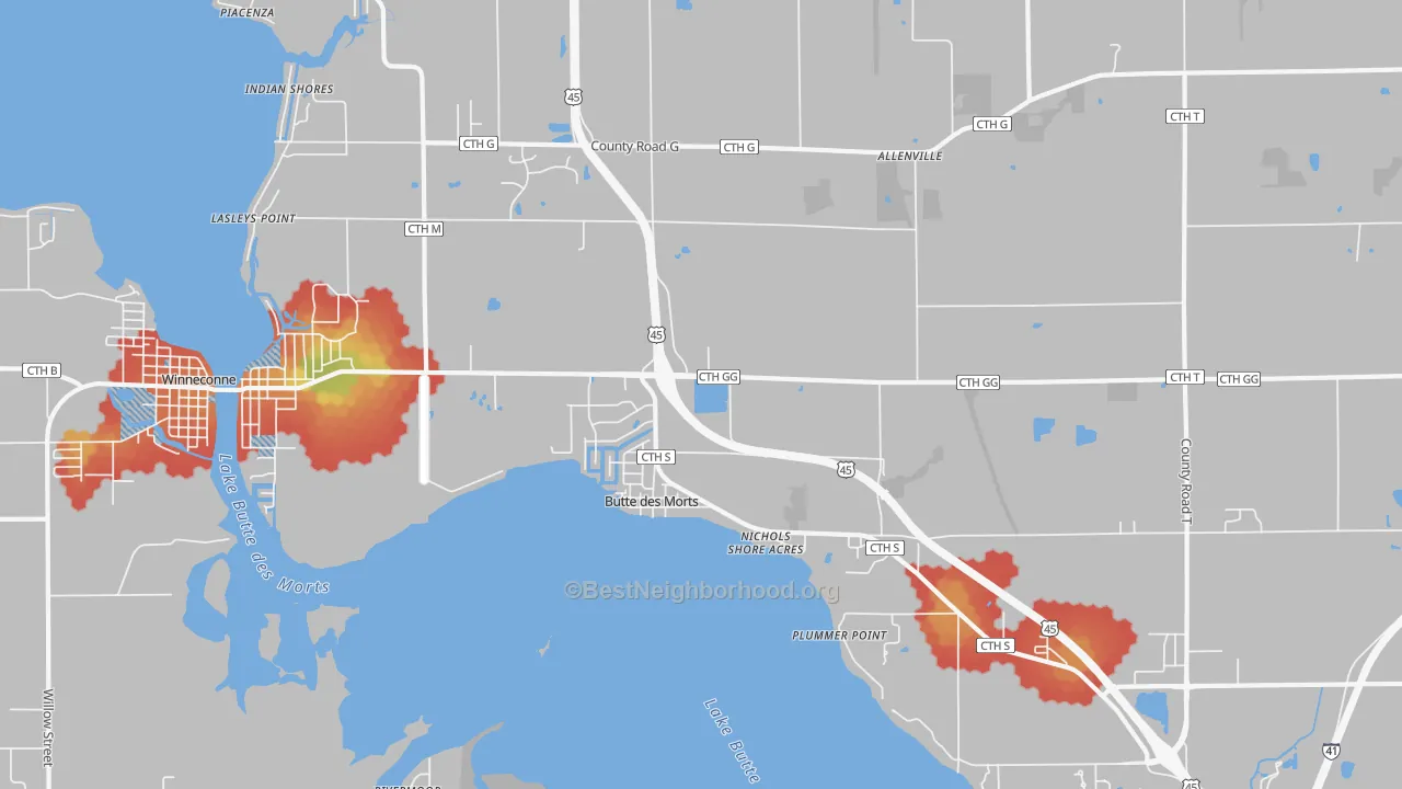 Walk Grade map of Butte Des Morts, WI, walkable areas in green and car-dependent areas in red
