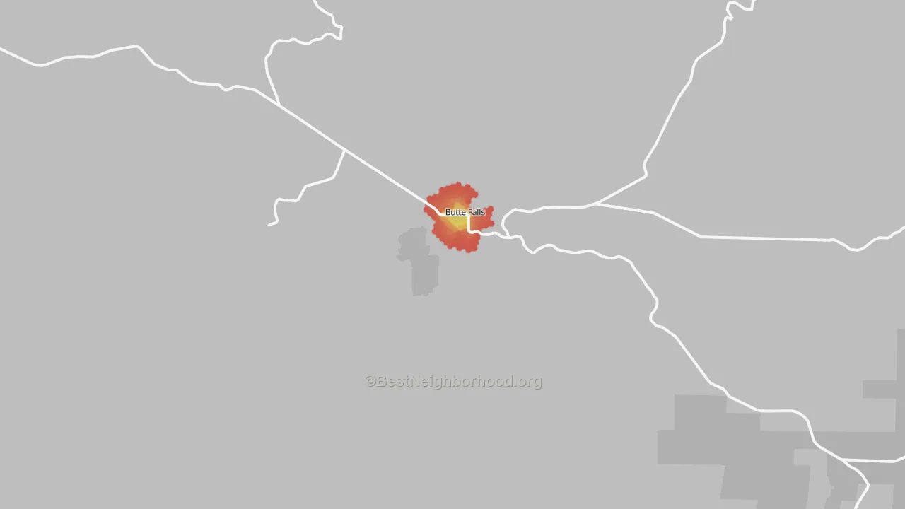 Walk Grade map of Butte Falls, OR, walkable areas in green and car-dependent areas in red
