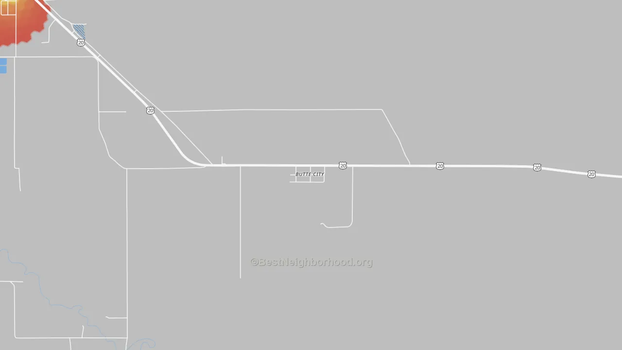 Walk Grade map of Butte, ID, walkable areas in green and car-dependent areas in red