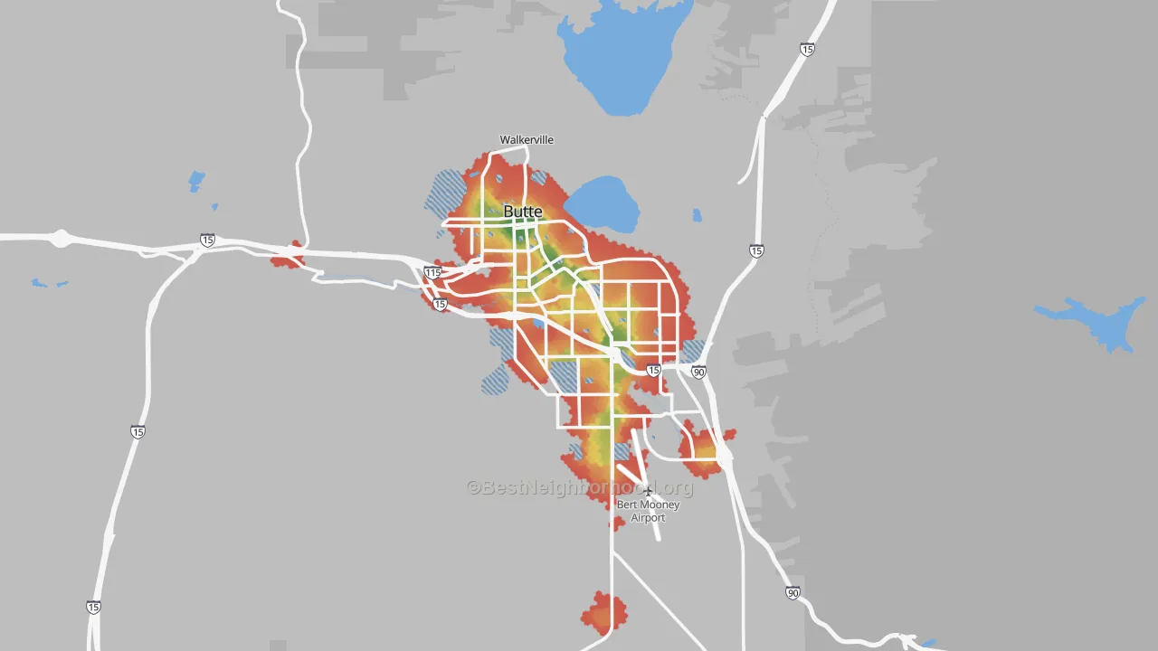 Walk Grade map of Butte, MT, walkable areas in green and car-dependent areas in red