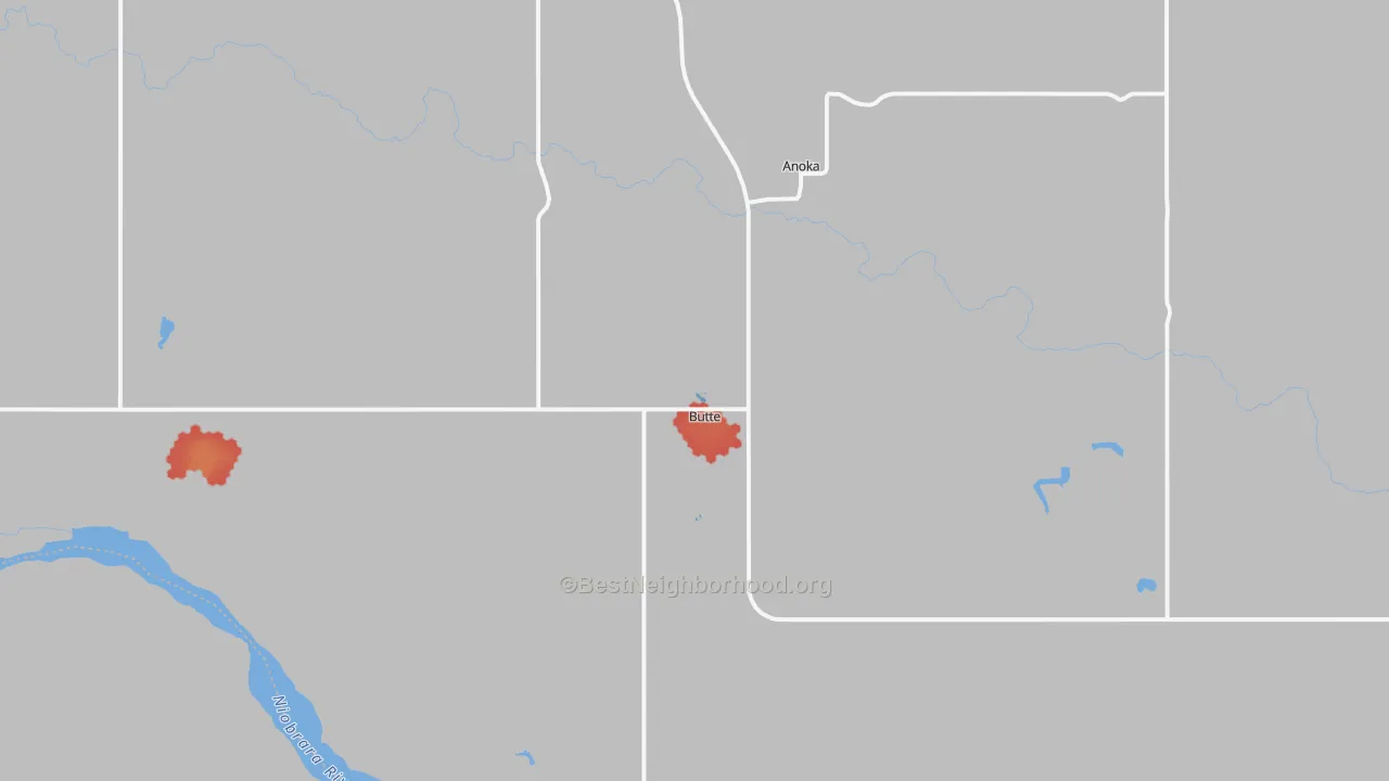 Walk Grade map of Butte, NE, walkable areas in green and car-dependent areas in red
