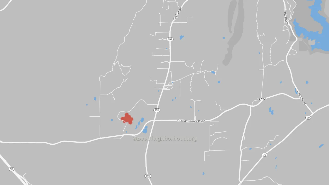 Walk Grade map of Butte Valley, CA, walkable areas in green and car-dependent areas in red