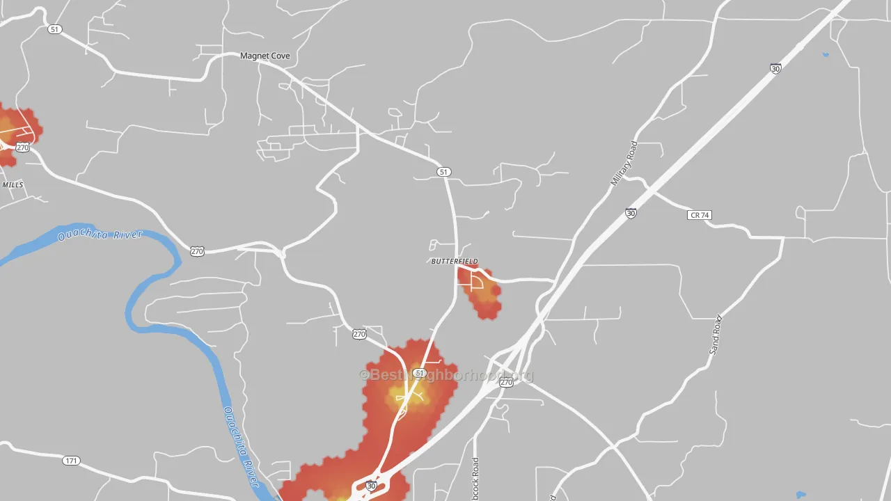 Walk Grade map of Butterfield, AR, walkable areas in green and car-dependent areas in red