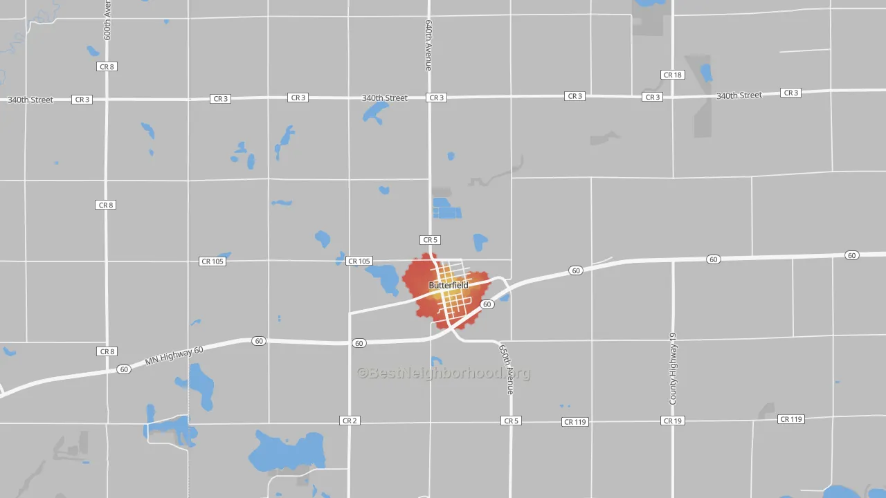 Walk Grade map of Butterfield, MN, walkable areas in green and car-dependent areas in red