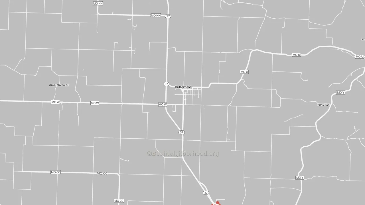 Walk Grade map of Butterfield, MO, walkable areas in green and car-dependent areas in red