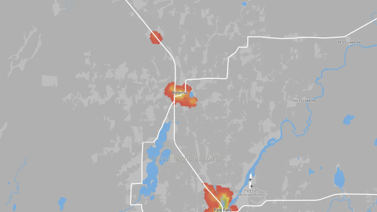Walk Grade map of Butternut, WI, walkable areas in green and car-dependent areas in red