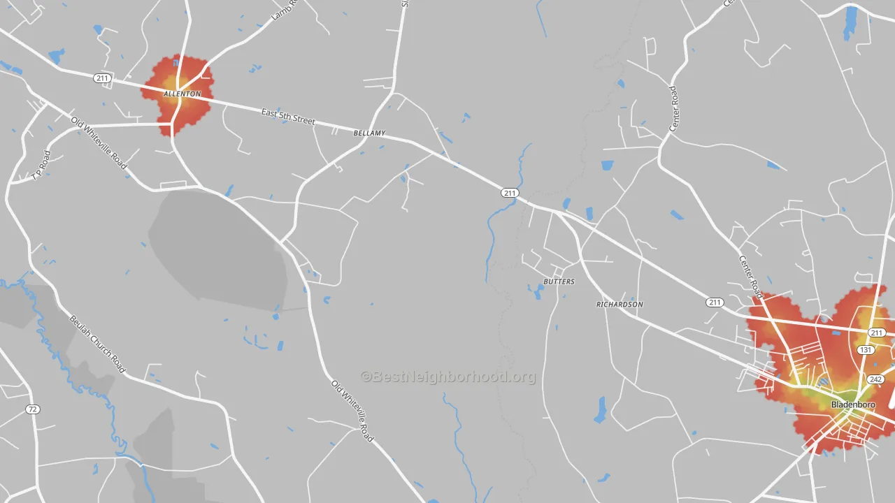 Walk Grade map of Butters, NC, walkable areas in green and car-dependent areas in red