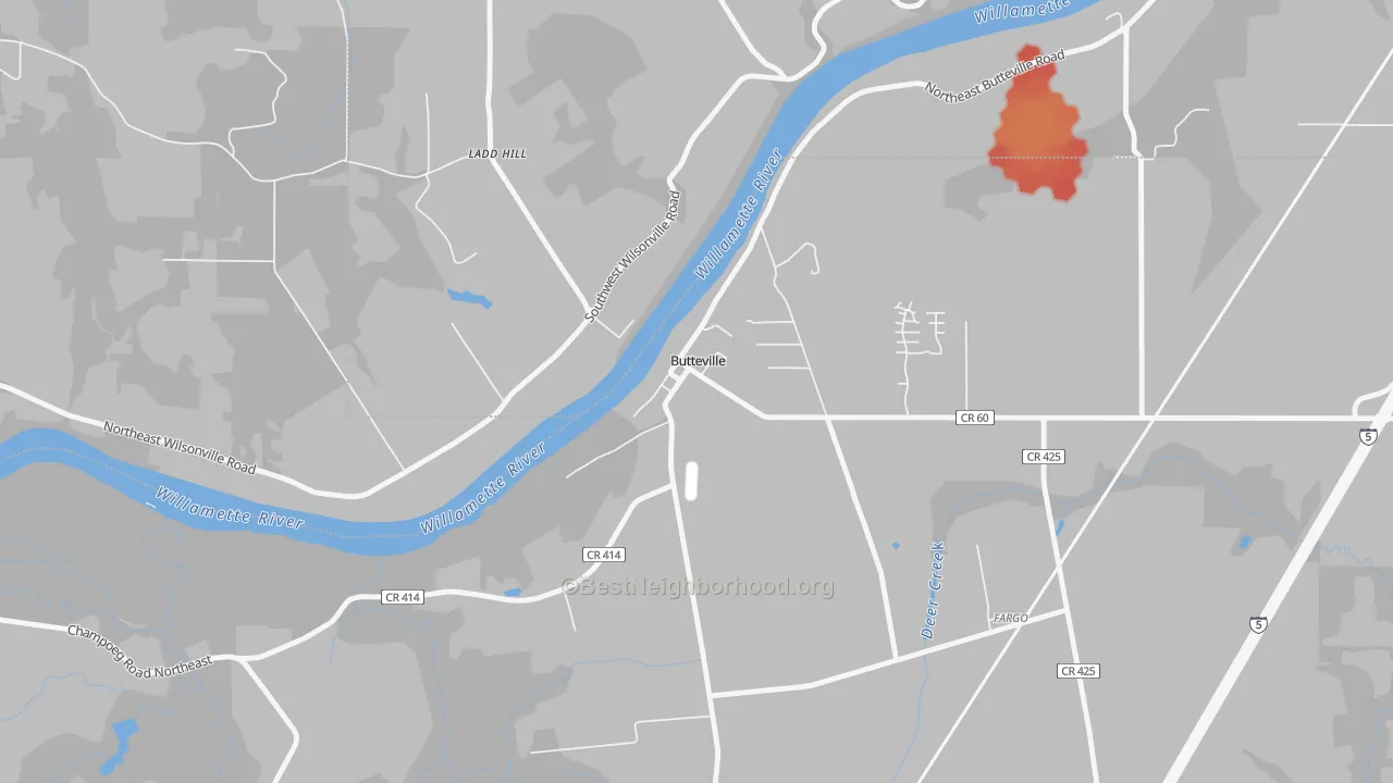 Walk Grade map of Butteville, OR, walkable areas in green and car-dependent areas in red