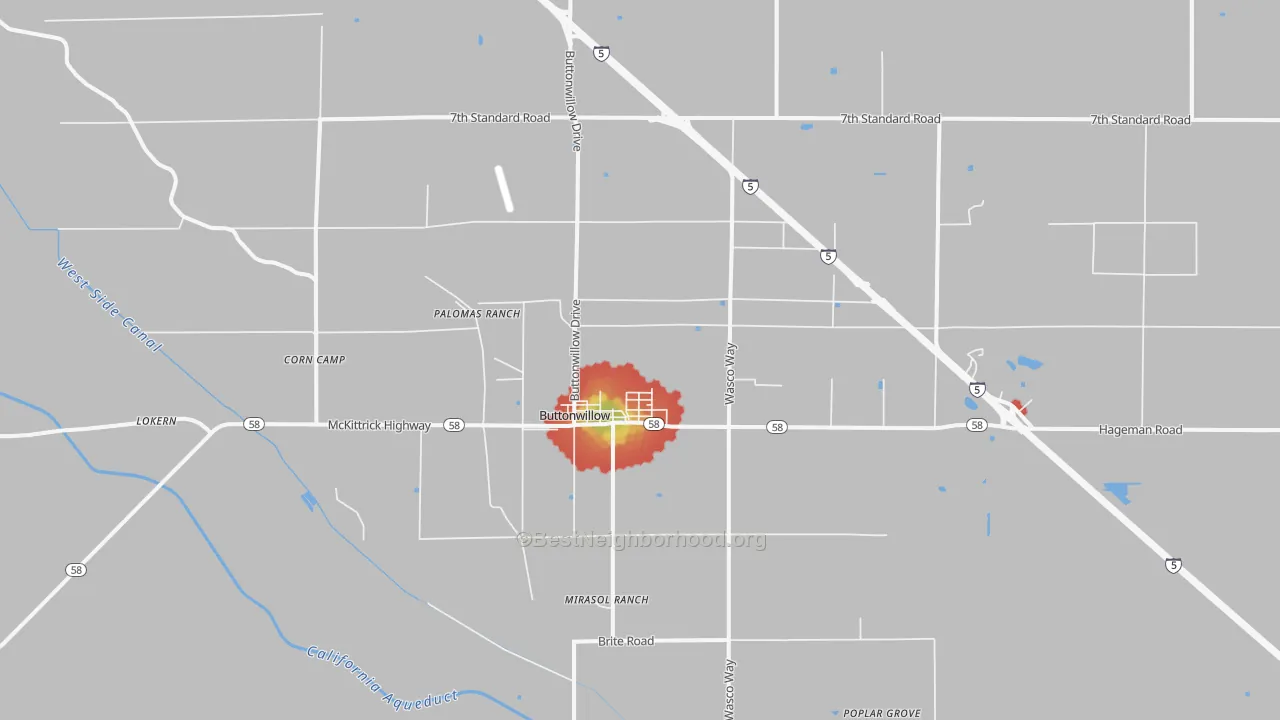 Walk Grade map of Buttonwillow, CA, walkable areas in green and car-dependent areas in red