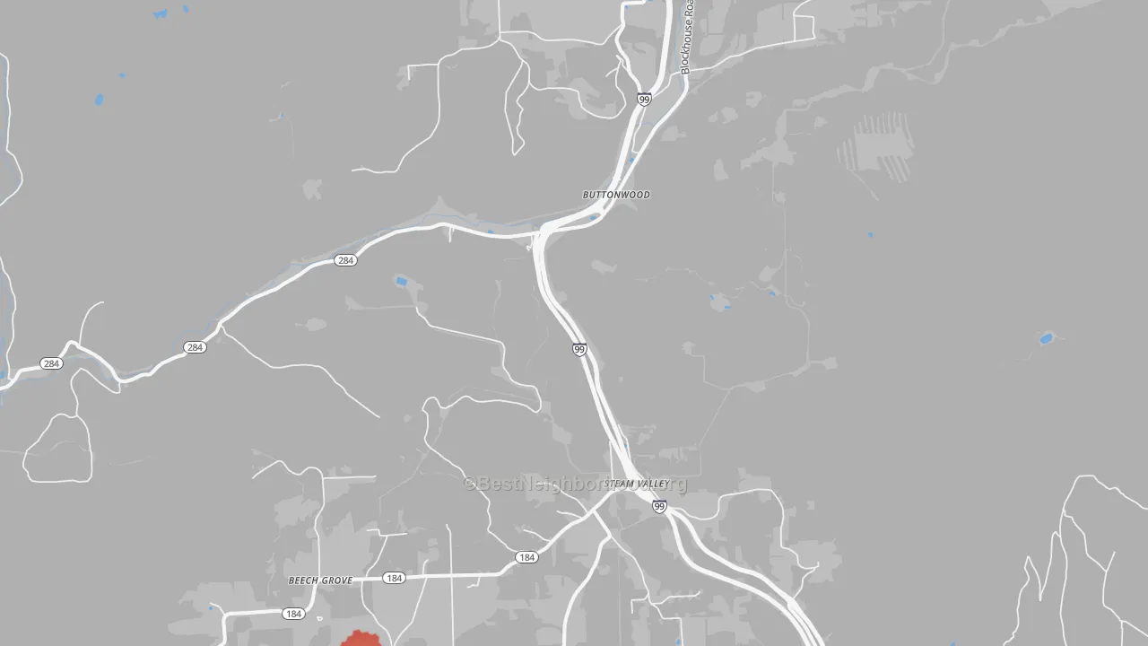 Walk Grade map of Buttonwood, PA, walkable areas in green and car-dependent areas in red