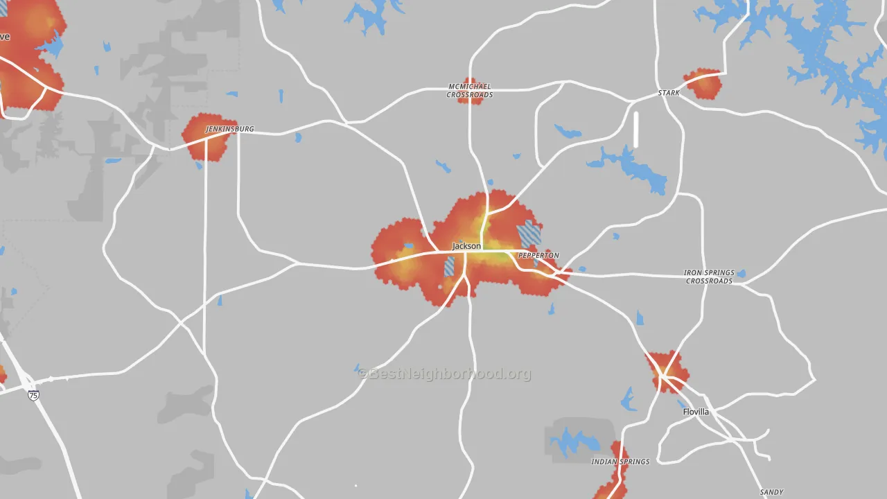 Walk Grade map of Butts County, GA, walkable areas in green and car-dependent areas in red