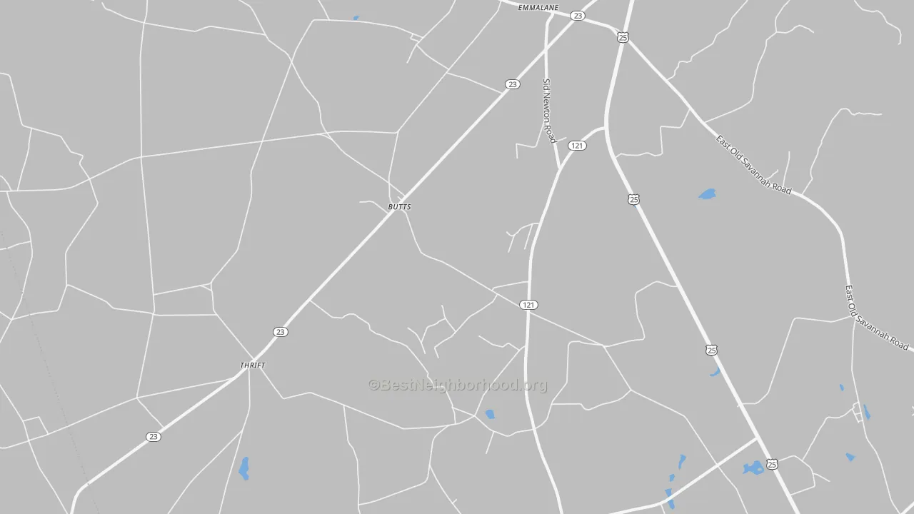Walk Grade map of Butts, GA, walkable areas in green and car-dependent areas in red