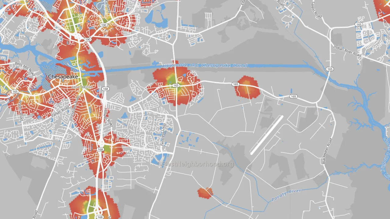 Walk Grade map of Butts Station, Chesapeake, VA, walkable areas in green and car-dependent areas in red