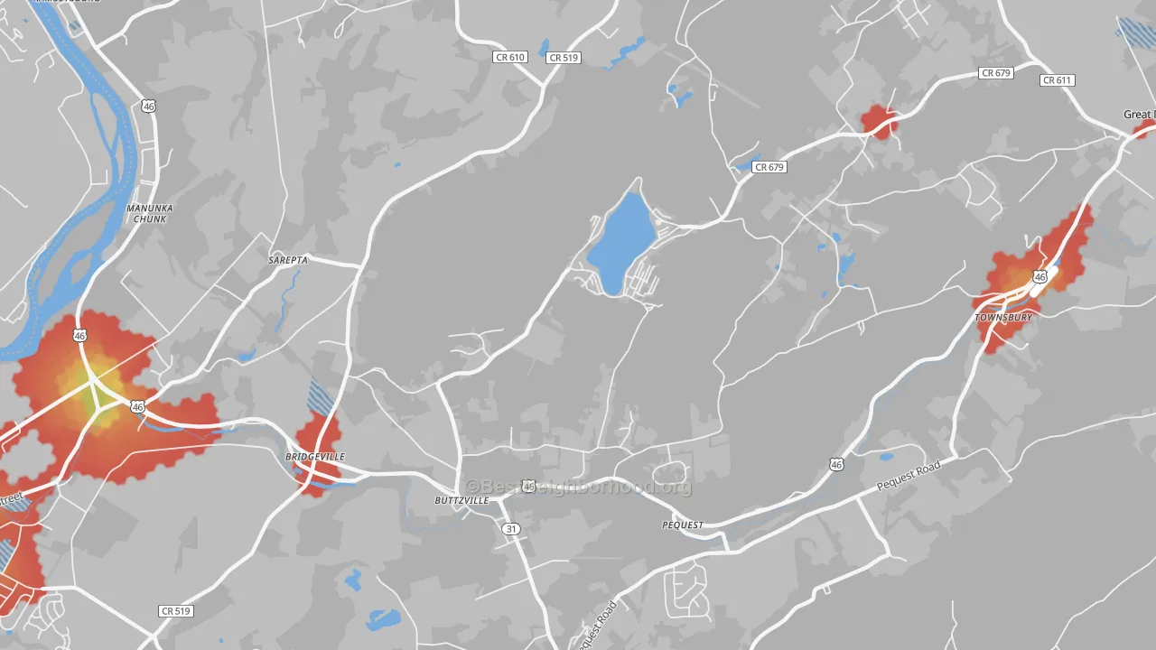 Walk Grade map of Buttzville, NJ, walkable areas in green and car-dependent areas in red