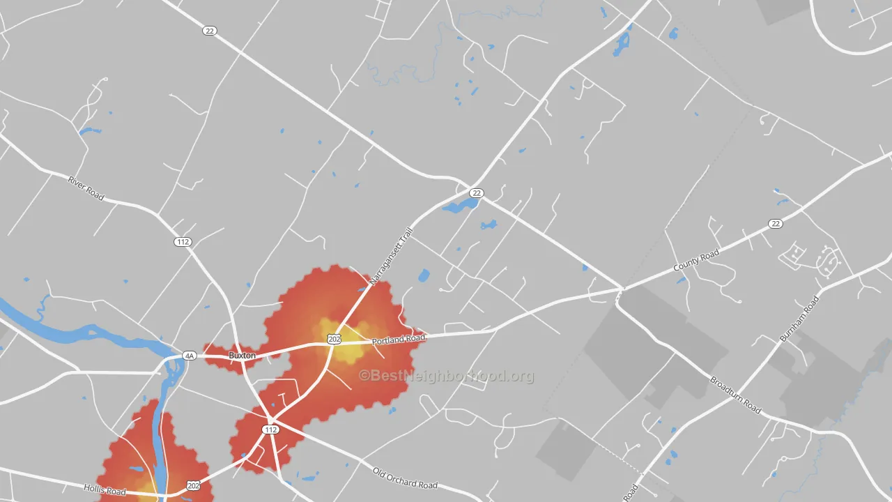 Walk Grade map of Buxton, ME, walkable areas in green and car-dependent areas in red