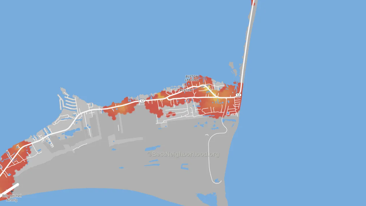 Walk Grade map of Buxton, NC, walkable areas in green and car-dependent areas in red