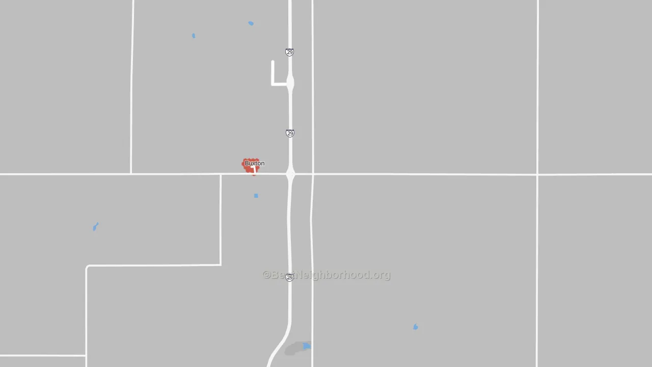 Walk Grade map of Buxton, ND, walkable areas in green and car-dependent areas in red